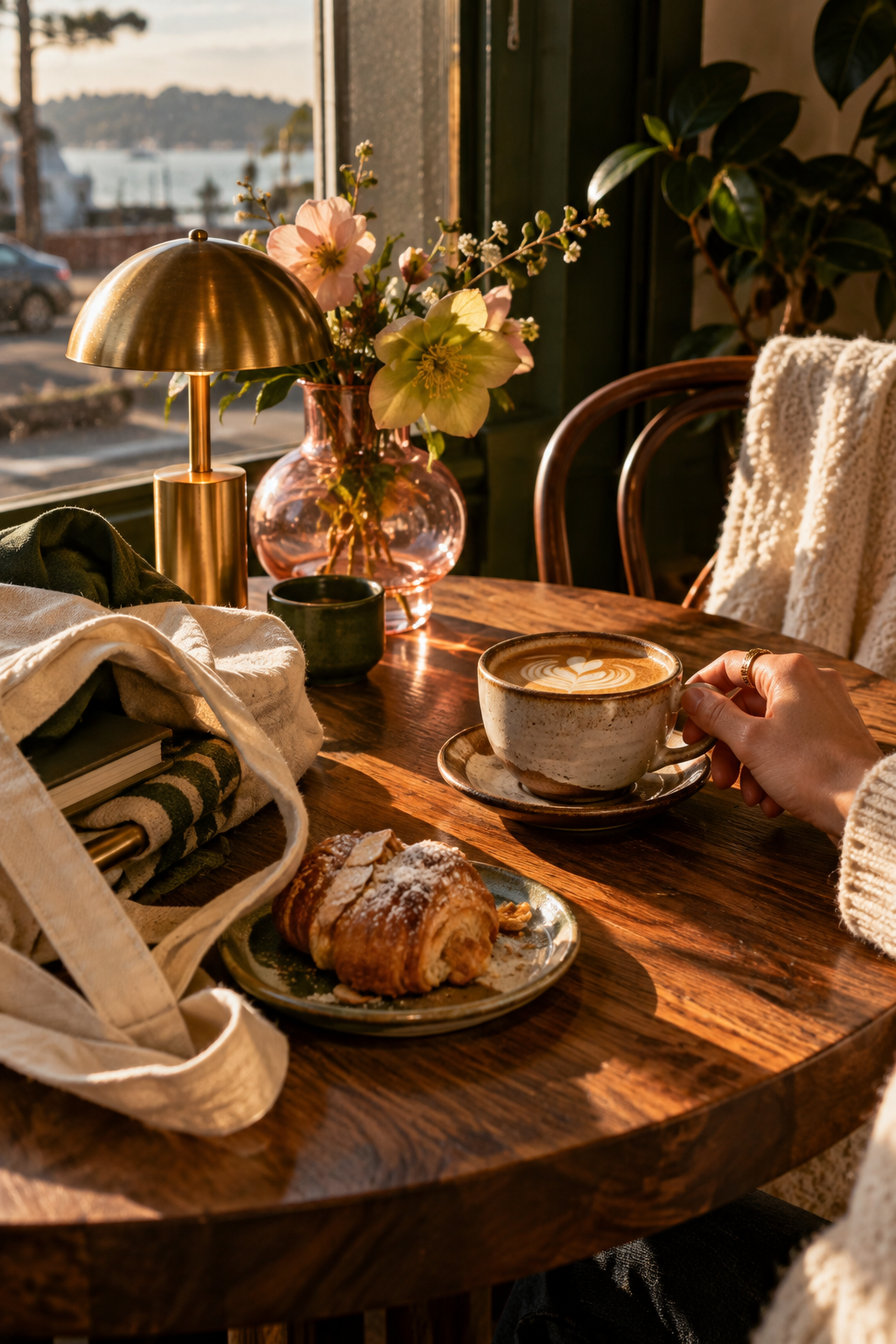 Coffee, flowers, and a pastry at a welcoming table
